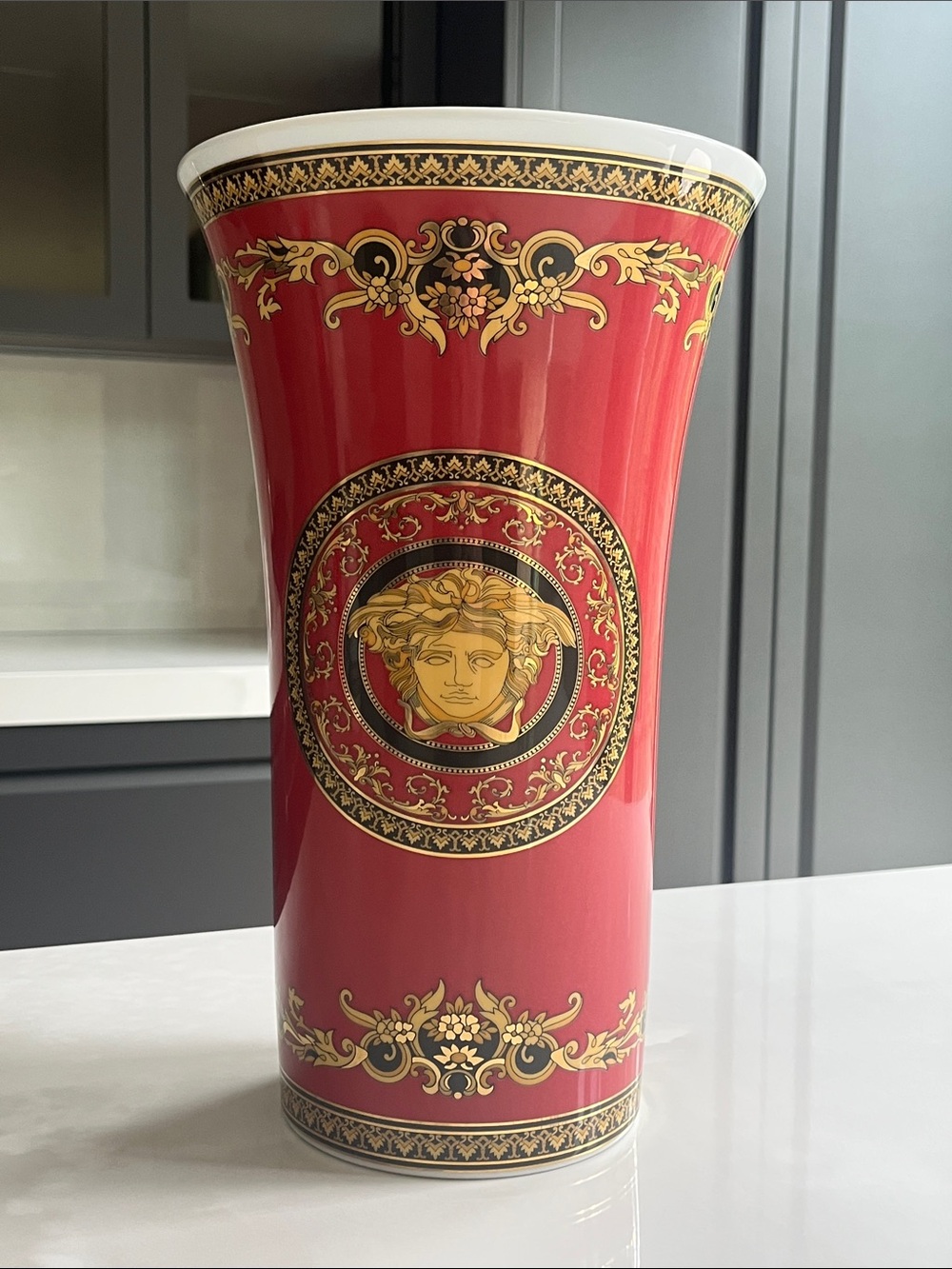 Versace for Rosenthal. Original 1990 Tags, Versace Red Medusa Vase. 13.5”